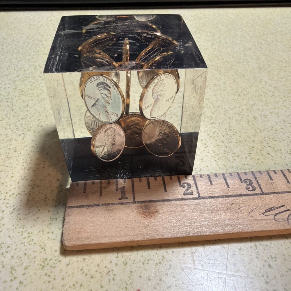 Vintage 1969 D Floating Pennies in Lucite Cube Penny Paperweight - MCM Décor
